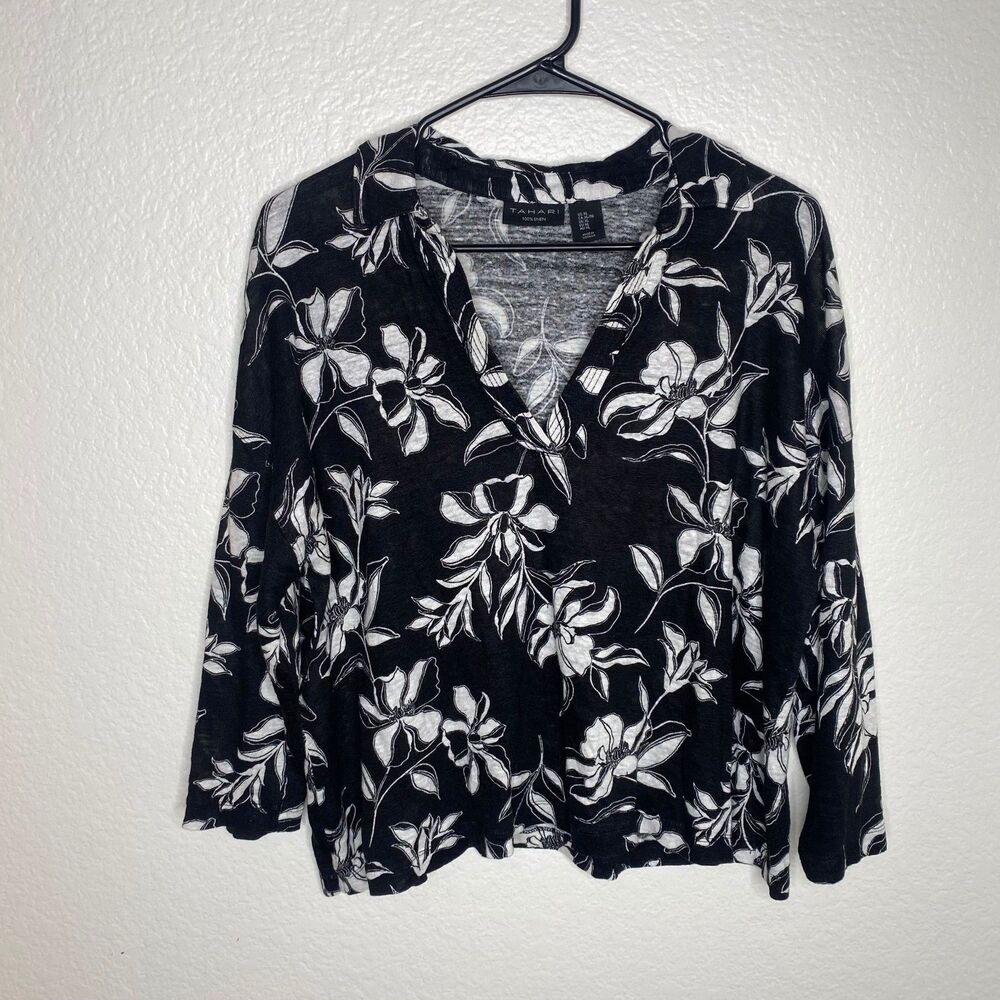 Tahari womens long sleeve top 100% linen floral summer lightweight boxy beach XL